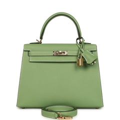 Hermes Special Order (HSS) Kelly Sellier 25 Vert Criquet Epsom Permabrass Hardware
