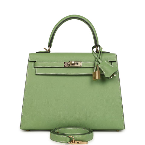 Hermes Special Order (HSS) Kelly Sellier 25 Vert Criquet Epsom Permabrass Hardware