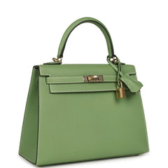 Hermes Special Order (HSS) Kelly Sellier 25 Vert Criquet Epsom Permabrass Hardware