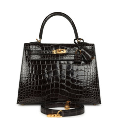 Hermes Kelly Sellier 25 Graphite Shiny Alligator Gold Hardware