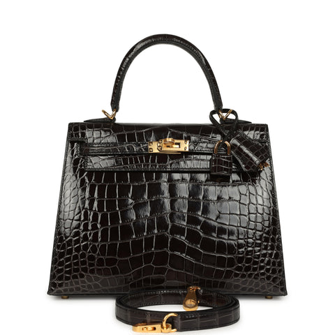 Hermes Kelly Sellier 25 Graphite Shiny Alligator Gold Hardware