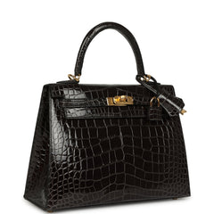 Hermes Kelly Sellier 25 Graphite Shiny Alligator Gold Hardware