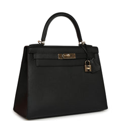 Pre-owned Hermes Special Order (HSS) Kelly Sellier 28 Black Chevre Mysore Permabrass Hardware
