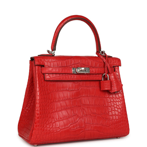 Hermes Kelly Retourne 25 Rouge Radieux Matte Alligator Palladium Hardware