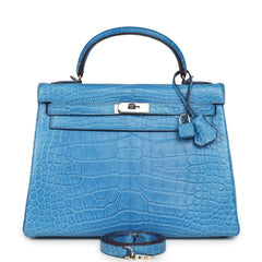 Pre-owned Hermes Kelly Retourne 32 Bleu Mykonos Matte Alligator Palladium Hardware