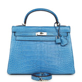 Pre-owned Hermes Kelly Retourne 32 Bleu Mykonos Matte Alligator Palladium Hardware - Thumbnail View 1