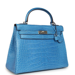 Pre-owned Hermes Kelly Retourne 32 Bleu Mykonos Matte Alligator Palladium Hardware