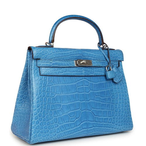Pre-owned Hermes Kelly Retourne 32 Bleu Mykonos Matte Alligator Palladium Hardware