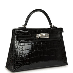 Hermes Kelly Sellier 20 Black Shiny Alligator Palladium Hardware