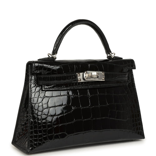 Hermes Kelly Sellier 20 Black Shiny Alligator Palladium Hardware