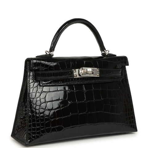 Hermes Kelly Sellier 20 Black Shiny Alligator Palladium Hardware