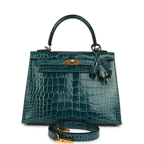 Pre-owned Hermes Kelly Sellier 25 Vert Bosphore Shiny Alligator Gold Hardware