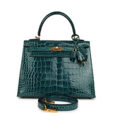 Pre-owned Hermes Kelly Sellier 25 Vert Bosphore Shiny Alligator Gold Hardware - Thumbnail View 1