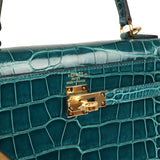 Pre-owned Hermes Kelly Sellier 25 Vert Bosphore Shiny Alligator Gold Hardware - Thumbnail View 7