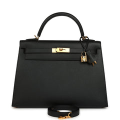 Pre-owned Hermes Kelly Sellier 32 Black Epsom Gold Hardware