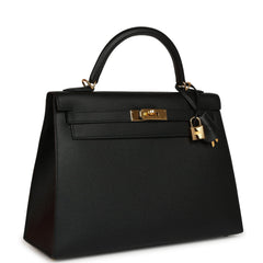 Pre-owned Hermes Kelly Sellier 32 Black Epsom Gold Hardware