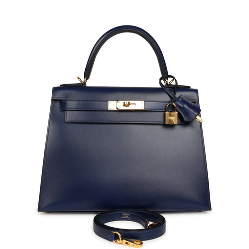 Pre-owned Hermes Kelly Sellier 28 Bleu Saphir Box Gold Hardware