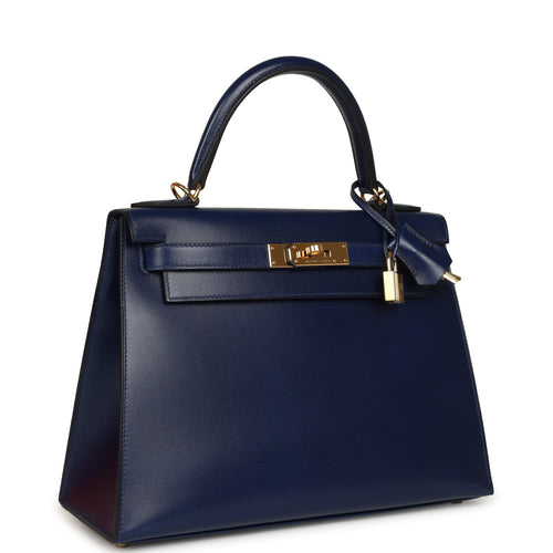 Pre-owned Hermes Kelly Sellier 28 Bleu Saphir Box Gold Hardware