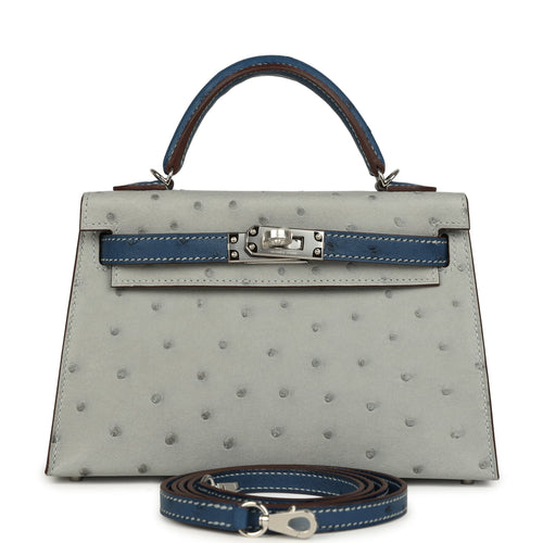 Hermes Special Order (HSS) Kelly Sellier 20 Bleu Glacier, Bleu Fonce Ostrich Palladium Hardware