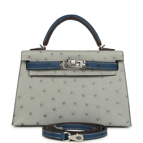 Hermes Special Order (HSS) Kelly Sellier 20 Bleu Glacier and Bleu Fonce Ostrich Palladium Hardware