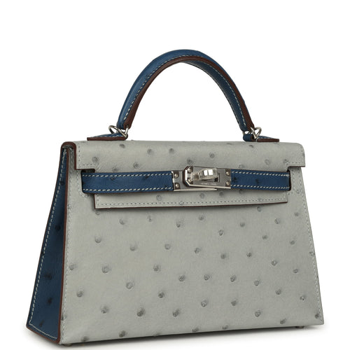 Hermes Special Order (HSS) Kelly Sellier 20 Bleu Glacier, Bleu Fonce Ostrich Palladium Hardware