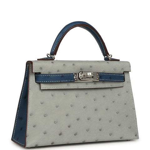 Hermes Special Order (HSS) Kelly Sellier 20 Bleu Glacier and Bleu Fonce Ostrich Palladium Hardware