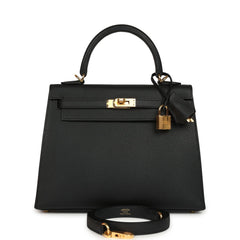 Hermes Kelly Sellier 25 Black Epsom Gold Hardware