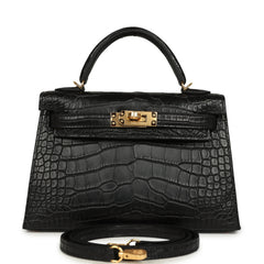 Hermes Special Order (HSS) Kelly Sellier 20 Black Verso Matte Alligator Gold Hardware