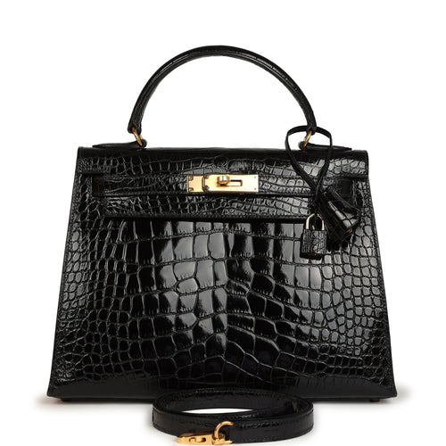 Vintage Hermes Kelly Sellier 28 Black Shiny Alligator Gold Hardware