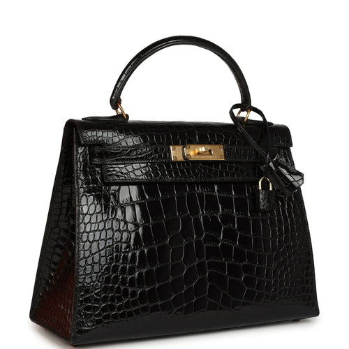 Vintage Hermes Kelly Sellier 28 Black Shiny Alligator Gold Hardware