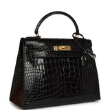 Vintage Hermes Kelly Sellier 28 Black Shiny Alligator Gold Hardware - Thumbnail View 2