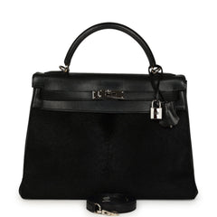 Vintage Hermes Kelly Sellier 32 Black Evercalf and Troika Palladium Hardware