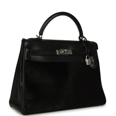 Vintage Hermes Kelly Sellier 32 Black Evercalf and Troika Palladium Hardware