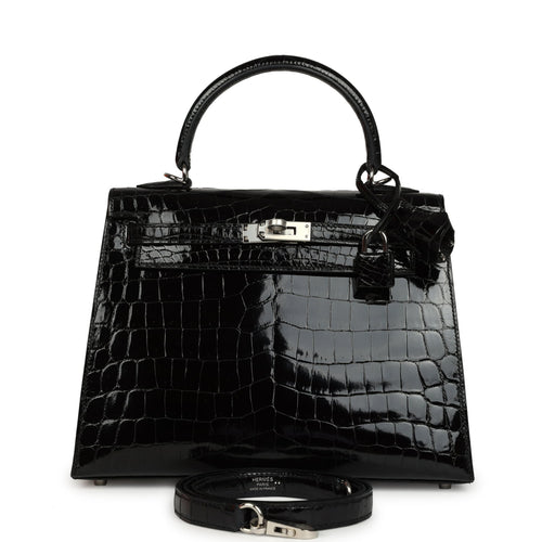 Hermes Kelly Sellier 25 Black Shiny Niloticus Crocodile Palladium Hardware
