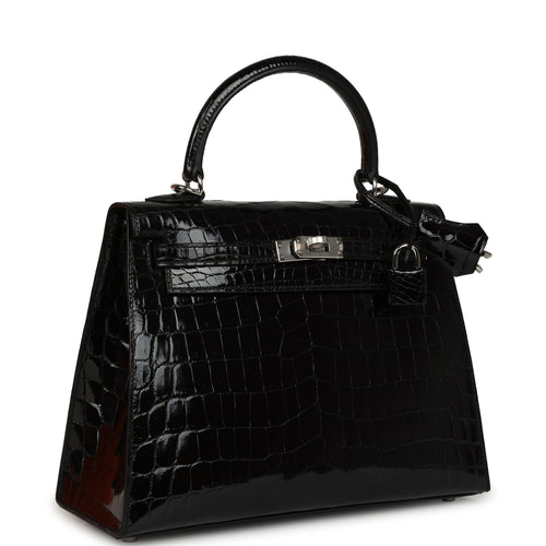 Hermes Kelly Sellier 25 Black Shiny Niloticus Crocodile Palladium Hardware