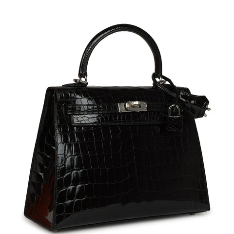 Hermes Kelly Sellier 25 Black Shiny Niloticus Crocodile Palladium Hardware
