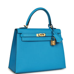 Pre-owned Hermes Kelly Sellier 25 Bleu Frida Epsom Gold Hardware