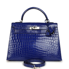 Pre-owned Hermes Kelly Sellier 32 Blue Electric Shiny Niloticus Crocodile Palladium Hardware