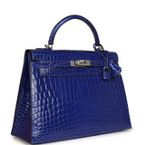 Pre-owned Hermes Kelly Sellier 32 Blue Electric Shiny Niloticus Crocodile Palladium Hardware - Thumbnail View 2