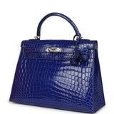 Pre-owned Hermes Kelly Sellier 32 Blue Electric Shiny Niloticus Crocodile Palladium Hardware - Thumbnail View 5