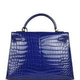 Pre-owned Hermes Kelly Sellier 32 Blue Electric Shiny Niloticus Crocodile Palladium Hardware - Thumbnail View 4