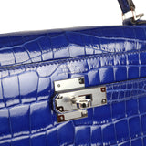 Pre-owned Hermes Kelly Sellier 32 Blue Electric Shiny Niloticus Crocodile Palladium Hardware - Thumbnail View 7