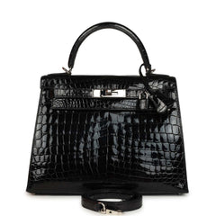 Pre-owned Hermes Kelly Sellier 28 Black Shiny Niloticus Crocodile Palladium Hardware