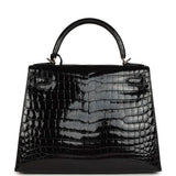 Pre-owned Hermes Kelly Sellier 28 Black Shiny Niloticus Crocodile Palladium Hardware - Thumbnail View 4