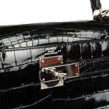 Pre-owned Hermes Kelly Sellier 28 Black Shiny Niloticus Crocodile Palladium Hardware - Thumbnail View 7