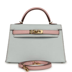 Pre-owned Hermes Special Order (HSS) Kelly Sellier 20 Bleu Brume, Rose Sakura Chevre Permabrass Hardware