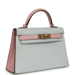 Pre-owned Hermes Special Order (HSS) Kelly Sellier 20 Bleu Brume, Rose Sakura Chevre Permabrass Hardware