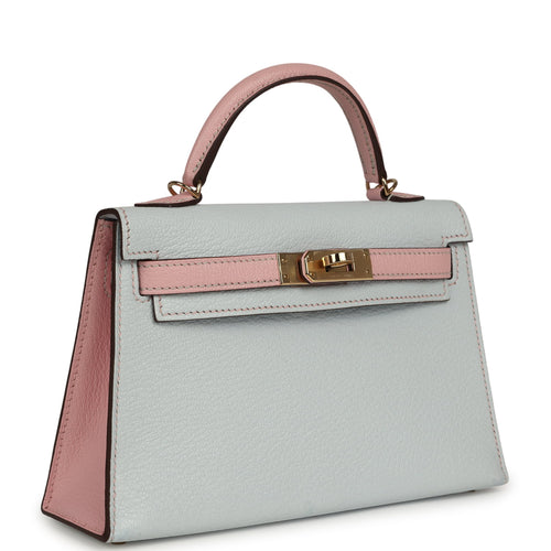 Pre-owned Hermes Special Order (HSS) Kelly Sellier 20 Bleu Brume, Rose Sakura Chevre Permabrass Hardware