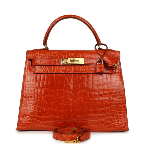 Vintage Hermes Kelly Sellier 28 Orange Shiny Porous Crocodile Gold Hardware