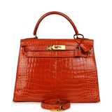Vintage Hermes Kelly Sellier 28 Orange Shiny Porous Crocodile Gold Hardware - Thumbnail View 1
